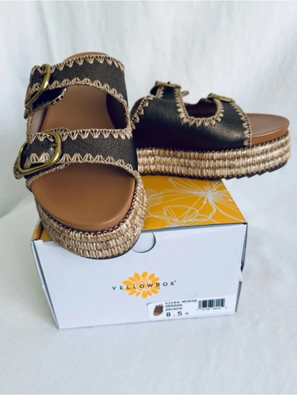 Yellow Box Herena Bronze Slide Platform Sandals Jute Trim Gold Buckle New in Box - Picture 2 of 5